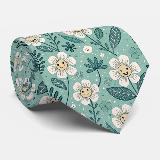 Retro Smiling Daisies Pattern – Groovy 70s Boho Krawatte (Gerollt)