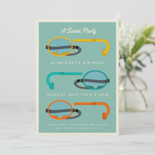 Retro Snorkels Summer Swim Party Einladung (Stehend Vorderseite)