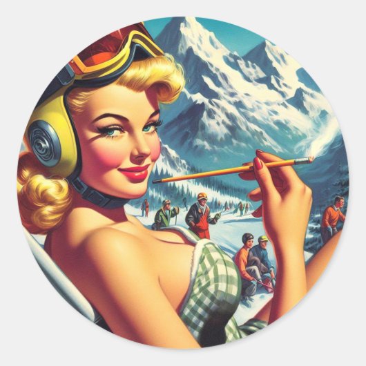 Retro Snowboard Girl Runder Aufkleber (Vorderseite)
