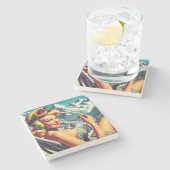 Retro Snowboard Girl Steinuntersetzer (Seitenansicht)