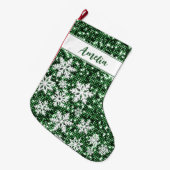 Retro Snowflakes Grüne Weihnachten Personalisiert Großer Weihnachtsstrumpf (Vorderansicht (hängend))