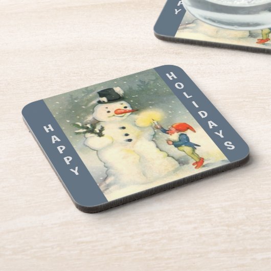 Retro Snowman and Elf Christmas Getränkeuntersetzer (Linke Seite)