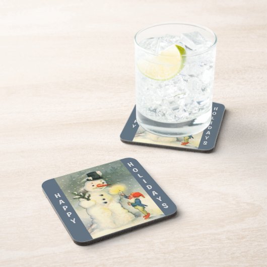 Retro Snowman and Elf Christmas Getränkeuntersetzer (Rechte Seite)