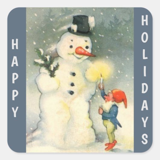 Retro Snowman and Elf Christmas Quadratischer Aufkleber (Vorderseite)