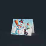 Retro Snowman, Niedlicher Hund, roter Kardinal und Feiertagskarte<br><div class="desc">Dies ist eine Winterurlaubslandschaft mit einem lächelnden Schneemann, einem niedlichen Terrier Hund und einem merkwürdigen roten Kardinal, umgeben von Tannen in einer Winterlandschaft. Die Dekoration ist wunderschön, das Party ist zu Weihnachten oder Erntedank. Personalisieren Sie dieses Design mit einem Monogramm, einem Namen oder einem Foto. © Copyright 2024 P.D., Holiday...</div>