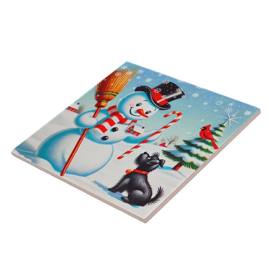 Retro Snowman, Niedlicher Hund, roter Kardinal und Fliese (Seite)