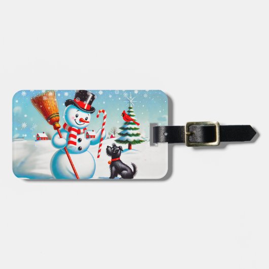 Retro Snowman, Niedlicher Hund, roter Kardinal und Gepäckanhänger (Vorderseite horizontal)