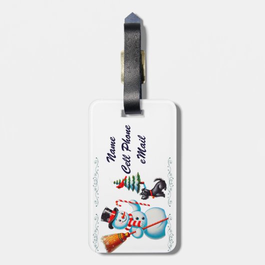 Retro Snowman, Niedlicher Hund, roter Kardinal und Gepäckanhänger (Rückseite vertikal)