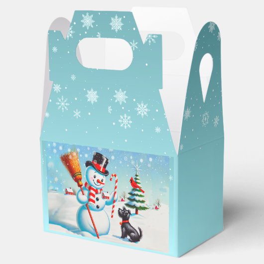 Retro Snowman, Niedlicher Hund, roter Kardinal und Geschenkschachtel (Geöffnet)