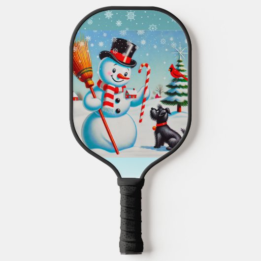 Retro Snowman, Niedlicher Hund, roter Kardinal und Pickleball Schläger (Vorderseite)