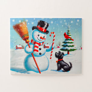Retro Snowman, Niedlicher Hund, roter Kardinal und Puzzle
