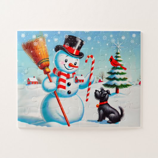 Retro Snowman, Niedlicher Hund, roter Kardinal und Puzzle (Horizontal)