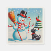 Retro Snowman, Niedlicher Hund, roter Kardinal und Serviette (Vorderseite)