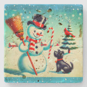 Retro Snowman, Niedlicher Hund, roter Kardinal und Steinuntersetzer (Vorderseite)