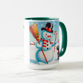 Retro Snowman, Niedlicher Hund, roter Kardinal und Tasse (VorderseiteRechts)