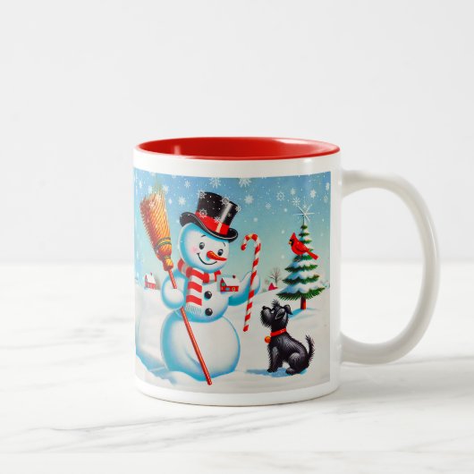 Retro Snowman, Niedlicher Hund, roter Kardinal und Zweifarbige Tasse (Rechts)