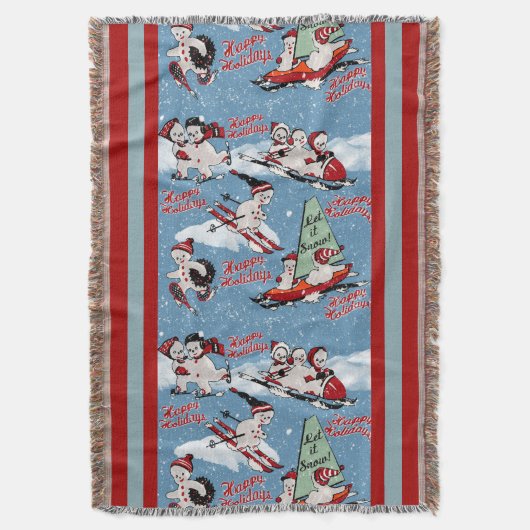 Retro Snowmen Wintersport auf blau Decke (Vorderseite Vertikal)
