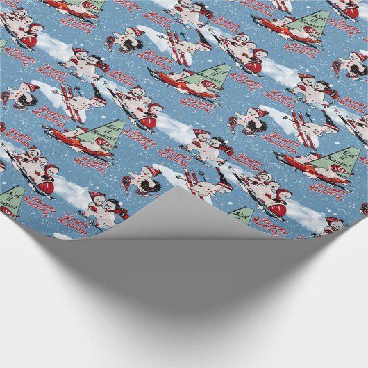 Retro Snowmen Wintersport auf blau Geschenkpapier (Ecke)