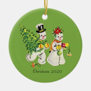 Retro Snowpaar im grünen Hintergrund Keramik Ornament