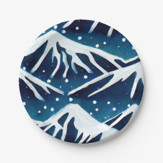 Retro Snowy Blue Mountains Pappteller