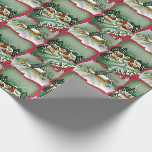 Retro Snowy Weihnachtshäuser Geschenkpapier (Ecke)