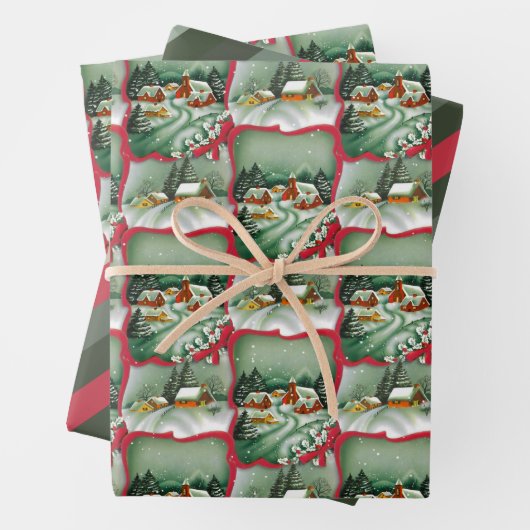 Retro Snowy Weihnachtshäuser Geschenkpapier Set (Beispiel)