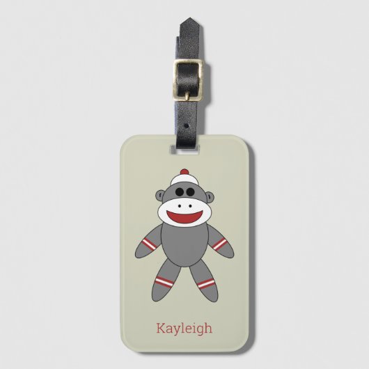 Retro Sock Monkey auf Tan mit Name Gepäckanhänger (Vorderseite Vertikal)