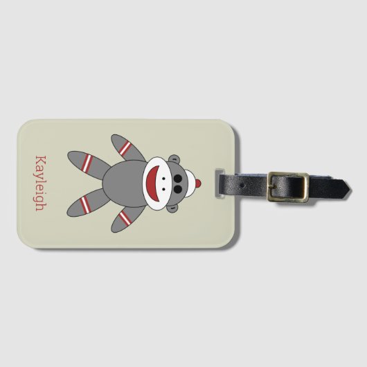 Retro Sock Monkey auf Tan mit Name Gepäckanhänger (Vorderseite (Horizontal))