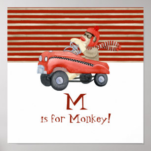 Retro-Sock Monkey mit Fußpedalauto Baby-Jungen-Ges Poster