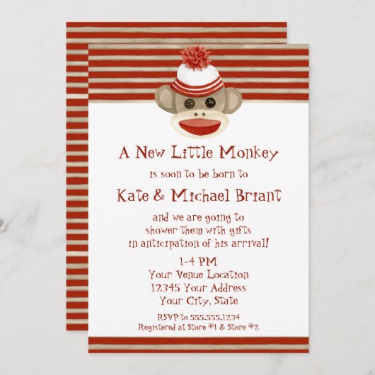 Retro Sock Monkey w Strumpf Cap Baby Boy Dusche Einladung (Vorne/Hinten)