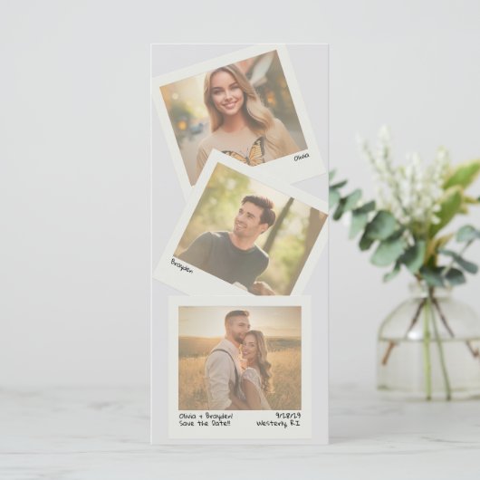 Retro Sofortkamera 3 Foto QR Save the Date (Stehend Vorderseite)