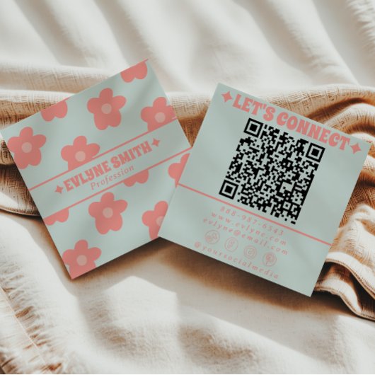 Retro Soft Pink Blue QR Code Groovy Floral Girly  Quadratische Visitenkarte