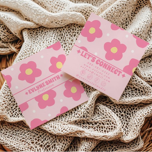 Retro Soft Pink Groovy Floral Trendy Girly Boho Quadratische Visitenkarte