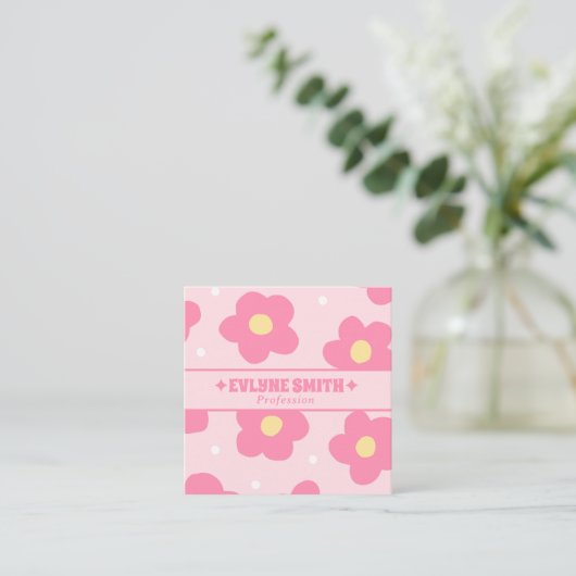 Retro Soft Pink Groovy Floral Trendy Girly Boho Quadratische Visitenkarte (Stehend Vorderseite)