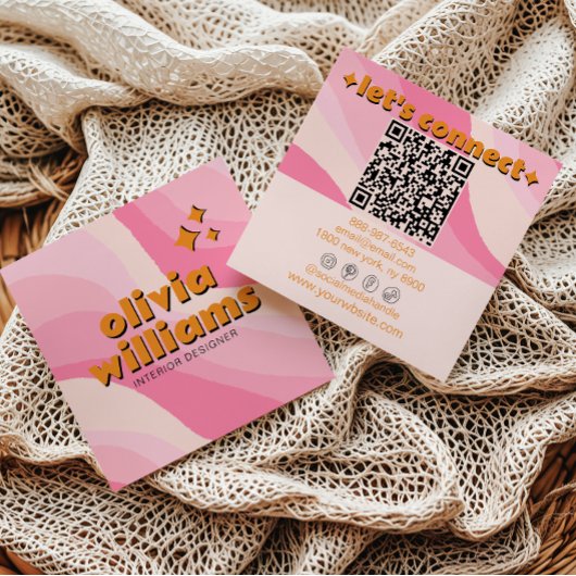 Retro Soft Pink Orange QR Code Groovy Girly Trendy Quadratische Visitenkarte
