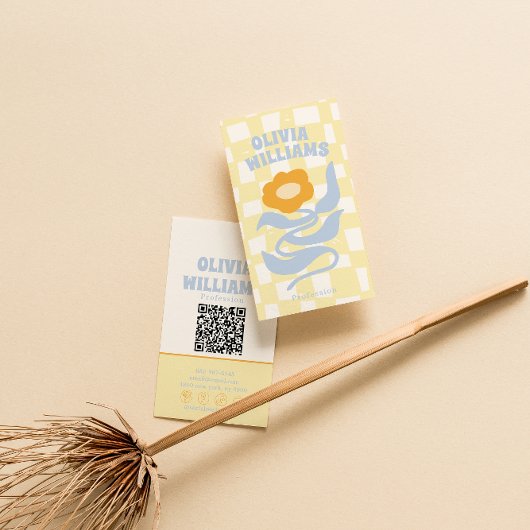 Retro Soft QR Code Boho Groovy Kariert Floral Visitenkarte