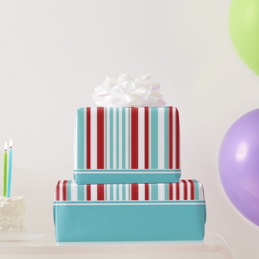 Retro Solid Aqua mit rotem, weißem, Aqua Blue Stre Geschenkpapier (Partygeschenke)