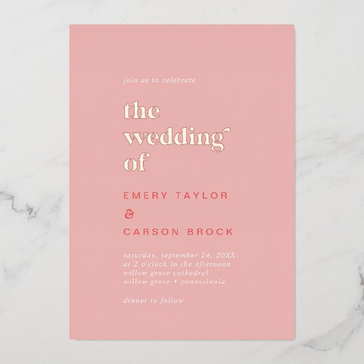 Retro Sommer Foil Rosa und Orange die Hochzeit von Folieneinladung (Vorderseite)