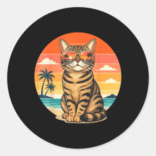 Retro Sommer Katze Strand Sonnenuntergang Vintage Runder Aufkleber