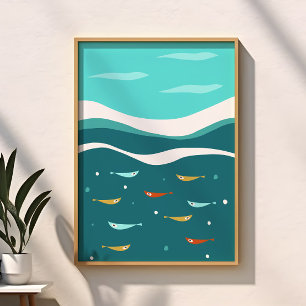 Retro-Sommer-Ozeanwellen Mitte des Jahrhunderts mo Poster