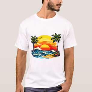 Retro-Sommer-Sonnenuntergang-Palmenstrand-Wellen R T-Shirt