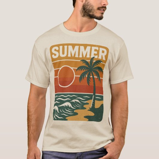Retro Sommer Strand Illustration mit Palmen und T-Shirt (Vorderseite)