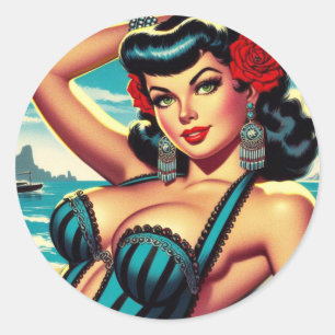 Retro-Sommer-Strand-Pin-up Runder Aufkleber