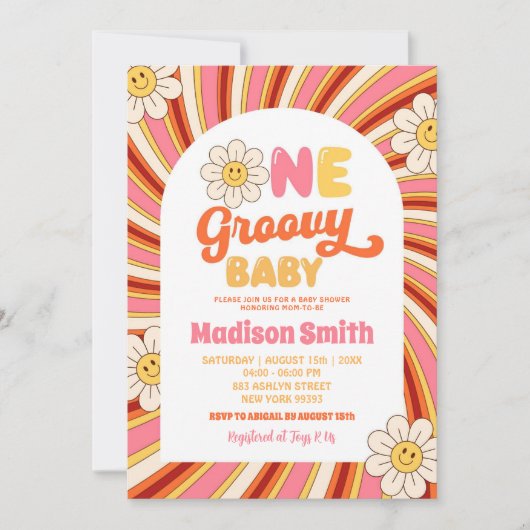 Retro-Sonnenblume 1 Groovy Baby-Dusche aus den 70e Einladung (Vorderseite)