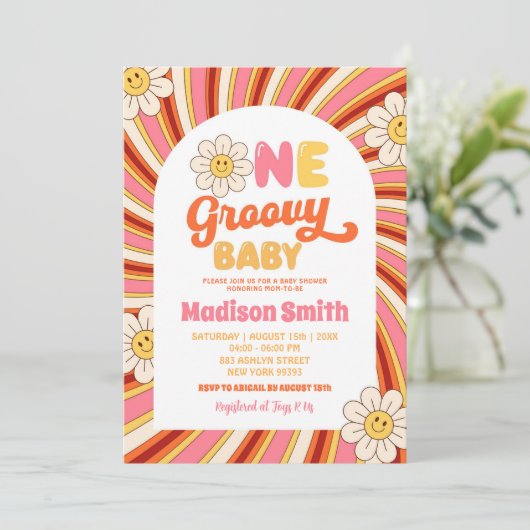 Retro-Sonnenblume 1 Groovy Baby-Dusche aus den 70e Einladung (Stehend Vorderseite)