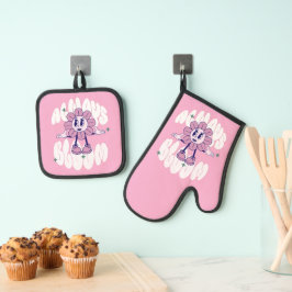 Retro-Sonnenblumen-Cartoon-Zitat Rosa Ofenhandschuh & Topflappen-Set