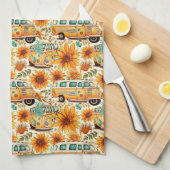 Retro-Sonnenblumen-Van-Muster – Vintage-Boho-Hippi Geschirrtuch (Viertel Falte)