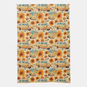 Retro-Sonnenblumen-Van-Muster – Vintage-Boho-Hippi Geschirrtuch