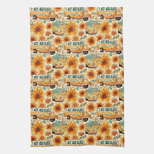 Retro-Sonnenblumen-Van-Muster – Vintage-Boho-Hippi Geschirrtuch (Vertikal)