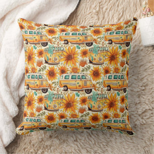 Retro-Sonnenblumen-Van-Muster – Vintage-Boho-Hippi Kissen